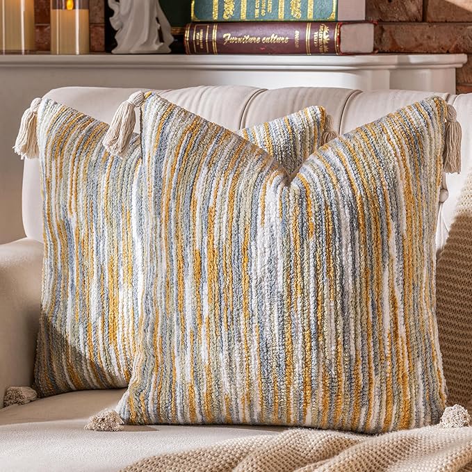 AmHoo Boho Throw Pillow Covers Set of 2 Decorative Bohemian Woven Tufted Striped Farmhouse with Tassels Textured Cushion Case Pillowcase Neutral for Sofa Couch Bed 18 x 18-Inch Light Grey