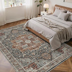 6x9 Rug, Stain Resistant Washable Area Rugs with Anti-Slip Backing, Vintage Large Bedroom, Living Room Rugs, Foldable Soft Rug (Grey/Brown/Tan, 6'x9')