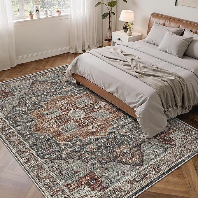 6x9 Rug, Stain Resistant Washable Area Rugs with Anti-Slip Backing, Vintage Large Bedroom, Living Room Rugs, Foldable Soft Rug (Grey/Brown/Tan, 6'x9')