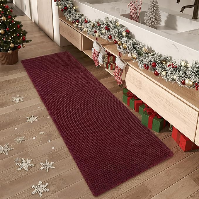Upgraded Waffle Runner Rug, Super Absorbent Non Slip Bath Mats for Bathroom Floor, Washable Bathroom Runner Rug with Tassels, Ideal for Hallway Bedroom Laundry Room, Burgundy, 2'x 5'(24" x 60")