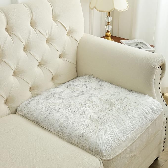 Softlife White Faux Fur Sheepskin Chair Cover Seat Cushion Pad Super Soft Area Rugs for Living Bedroom Sofa Dorm (1.6ft x 1.6ft, White-Grey Tip)