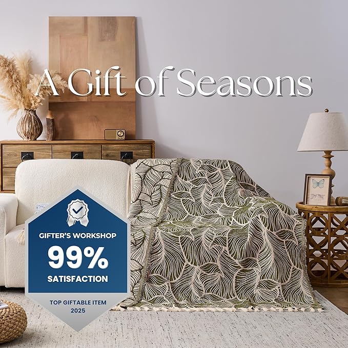DOWN HOME Chenille Cotton Throw Blanket for Couch, Lightweight Boho Blanket for Bed Sofa Chair Living Room Outdoor Soft Woven Decorative Blanket with Tassel Gift Olive Leaves 60"x80"