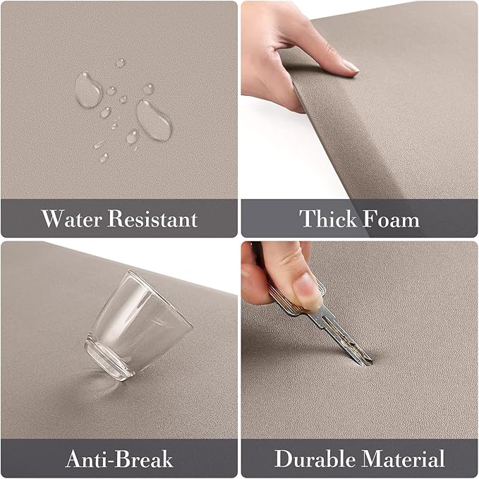 HappyTrends Kitchen Mat,17.3"x28"+17.3"x60" Khaki, Cushioned Comfort Anti-Fatigue Waterproof Floor Mat Kitchen Rugs, Thick Perfect Ergonomic Foam Standing mat for Kitchen, Home, Office, Laundry