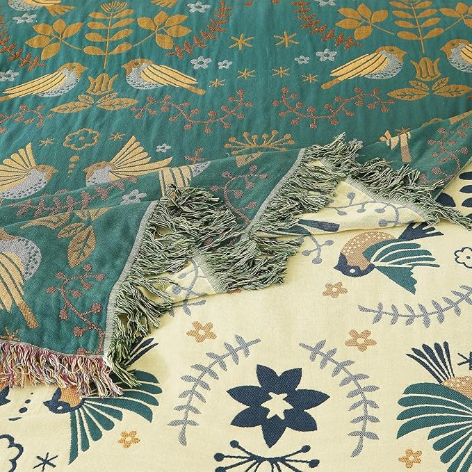 Boho Throw Blanket for Bed 100% Cotton Soft Lightweight Quilt Blanket Bird Floral Embroidery Spring Room Decor Large Bed Blankets,90"x98" All Season Rustic Throw for Sofa Couch Chair