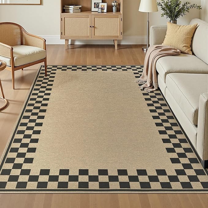 5x7 Jute Rug for Living Room: Farmhouse Carpet Indoor Outdoor Washable Non Slip Area Rug for Bedroom Patio Backyard Dining Room Table Home Office - Checkered Brown