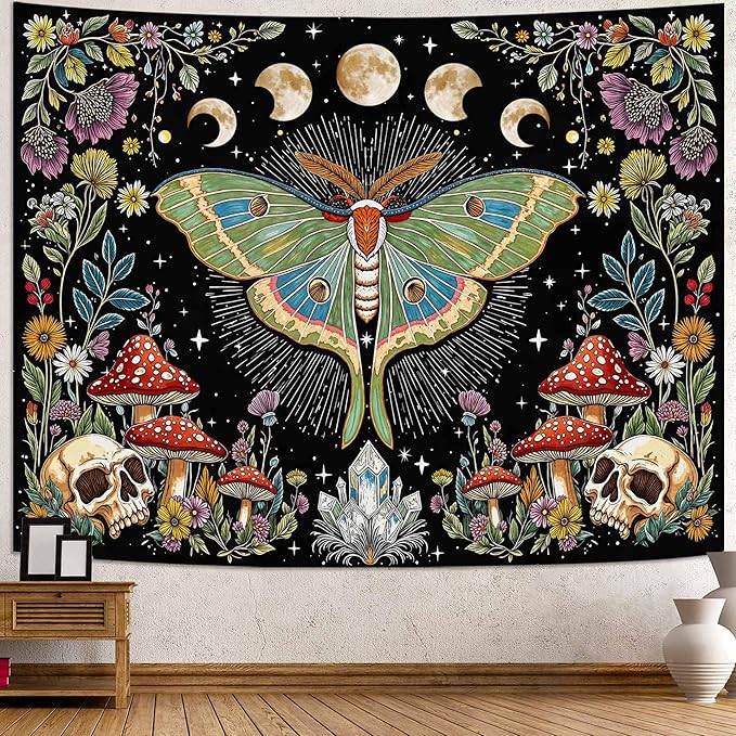 Accnicc Moth Tapestry Boho Mushroom Hippie Skull Wall Tapestry for Bedroom Aesthetic Vintage Floral Plant Moon Phase Small Tapestries Wall Hanging for Dorm Living Room Decor 60 x 44 Inch