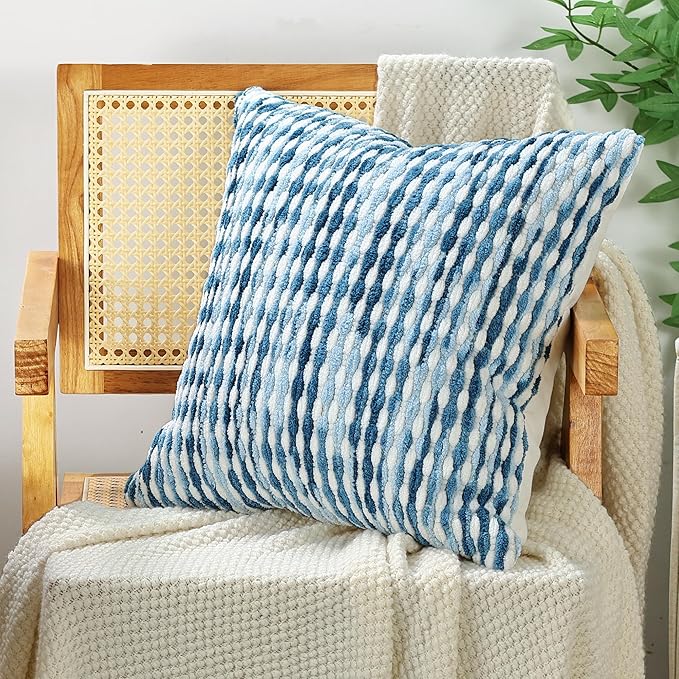 Boho Chenille Striped Pillow Cover 18x18 Inch, Decorative Pillow Cover for Couch Bed Sofa Living Room Bedroom Farmhouse Modern Home Decor Accent Pillowcases Set of 1, Blue White