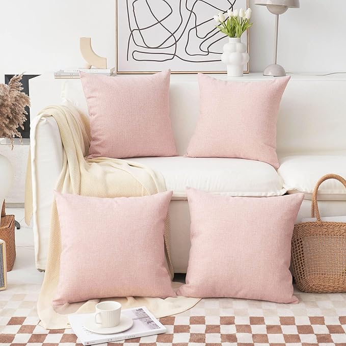 Home Brilliant Pillow Covers 18x18 Set of 4 Decorative Linen Cushion Covers Square Throw Pillows Covers for Couch, Baby Pink, 18 inch, 4 Pcs