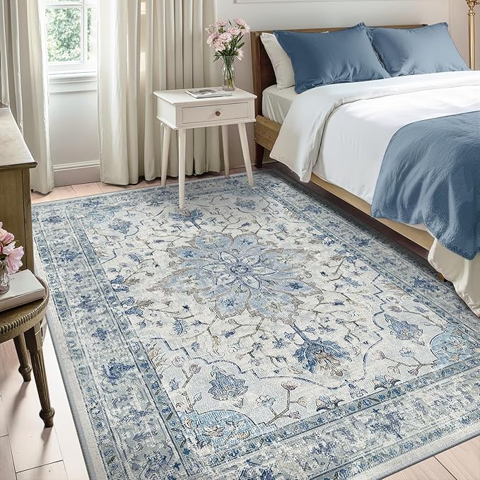 Area Rugs 5'x7' Washable Non-Slip, Floral Vintage Distress Print Pattern Medallion Carpet for Living Room Bedroom Dining Room, Light Blue Navy Beige Gray White