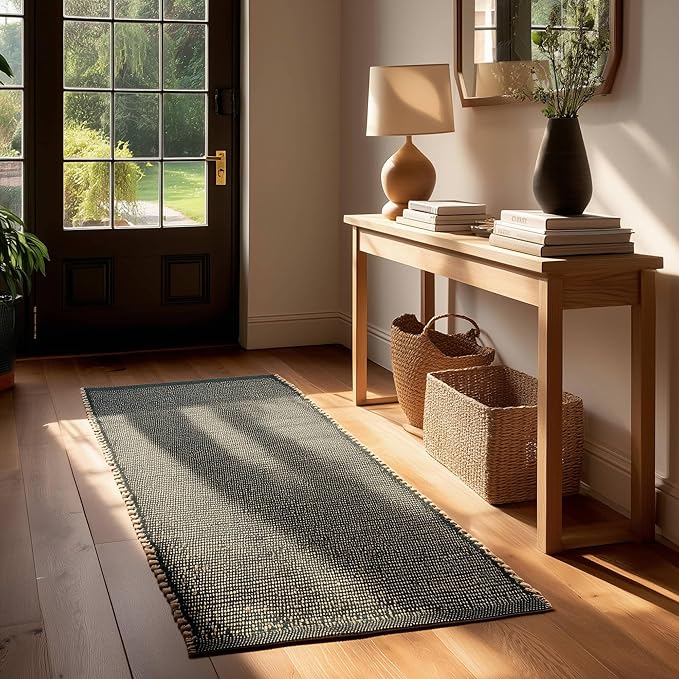 Green Jute & Cotton Braided Rug Runner 2' x 6' – Reversible Soft Hallway, Kitchen, Entryway Rug