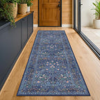 Dark Blue 3x12 Extra Long Wide Runner Rug for Hallway, Non Slip Washable, 12 ft Large Kitchen Floor Rugs for Indoor Entrance, Low Pile Stain Resistant Vintage Floral Carpet