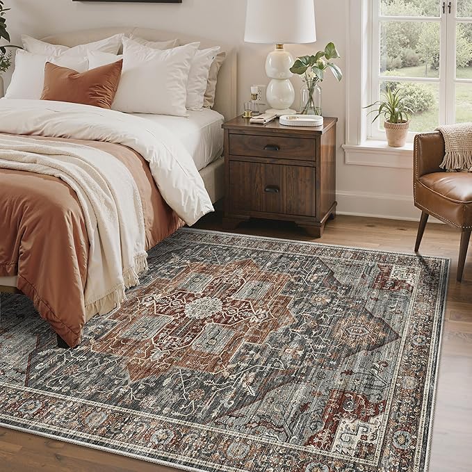 4x6 Area Rug - Washable Dining Room Rug with Non-Slip Backing, Small Rugs for Entryway, Kitchen, Bedroom, Stain Resistant Vintage Rug for Room Decor (Grey/Brown/Tan, 4'x6')