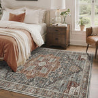 4x6 Area Rug - Washable Dining Room Rug with Non-Slip Backing, Small Rugs for Entryway, Kitchen, Bedroom, Stain Resistant Vintage Rug for Room Decor (Grey/Brown/Tan, 4'x6')