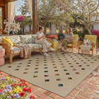 HUGEAR 8x10 Jute Outdoor Indoor Checkered Rug Washable Linen Textured Weave High Traffic Stain Resistant Non Slip Durable Carpet for Livingroom Patio Deck Balcony Courtyard (Rainbow, 8' x 10')