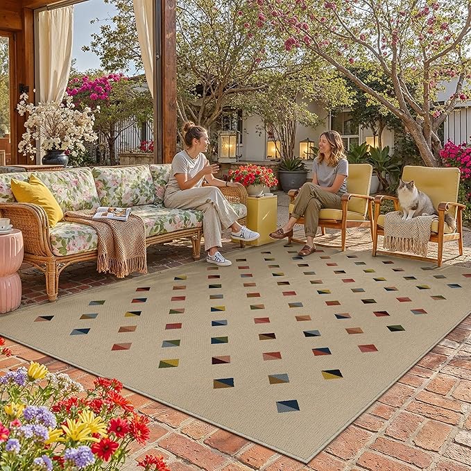 HUGEAR 8x10 Jute Outdoor Indoor Checkered Rug Washable Linen Textured Weave High Traffic Stain Resistant Non Slip Durable Carpet for Livingroom Patio Deck Balcony Courtyard (Rainbow, 8' x 10')
