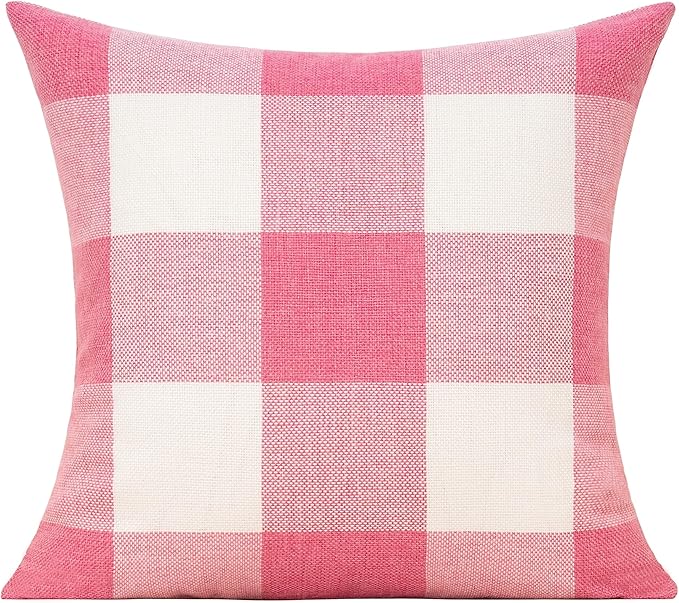 VAKADO Pink White Outdoor Farmhouse Buffalo Plaids Decorative Throw Pillow Covers Retro Checked Square Cushion Cases Classic Coffee Check Home Decor for Couch Sofa Patio 26x26 Inch Pack of 2