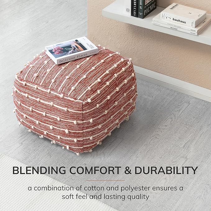 Anji Mountain Pouf Ottoman Foot Rest, Handmade Ottoman Pouf, Comfortable Foot Stool, Decorative Floor Seating for Living Room Decor, Bedroom & Home Décor Accent - Terracotta Stitch