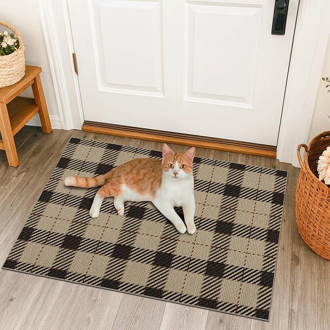 Washable 2x3 Plaid Rug Entry Way Indoor - No Shed Easy Jute Small Throw Rug for Kitchen, Non Slip Rustic Farmhouse Door Mat Indoor Entrance, Low Pile Black and Tan Checkered Buffalo Entryway Décor