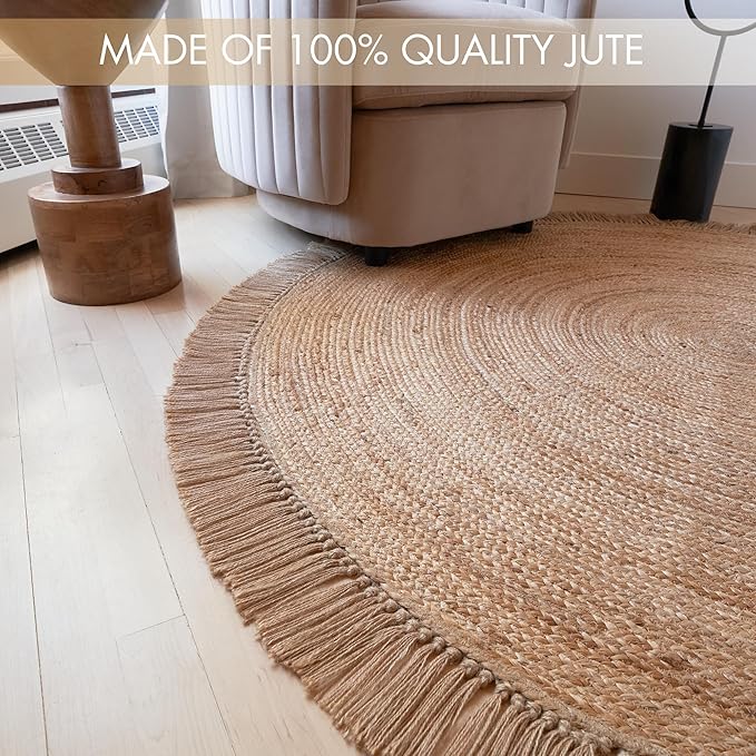 KIBAGA Beautiful 5x5 ft Round Jute Area Rug for Your Home - This Natural Hand Woven Rug Fits Perfectly Into Your Entry Area, Kitchen Or Living Room - Modern Braided Circle Mat Enhances Any Boho Decor