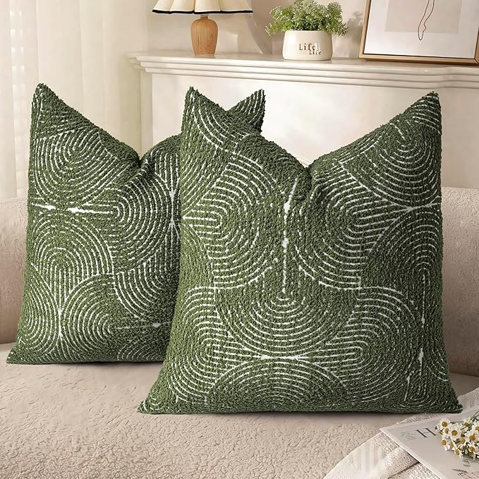 AELS Boho Decorative Textured Throw Pillow Covers 20x20, Modern Mid Century Rainbow Tufted Pillow Case, Farmhouse Rustic Geometric Woven Cushion Case for Bed Couch Sofa, Olive Green