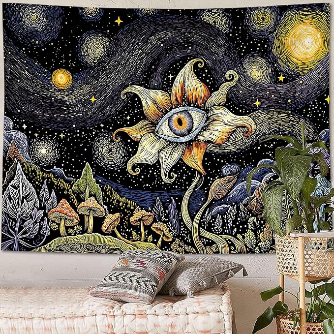 Yeoiat Tapestry Cosmic Flower Tapestries Mushroom Landscape Wall Hanging Starry Night Visionary Botanical Art Decor Bedroom Dormitory 80"x60"