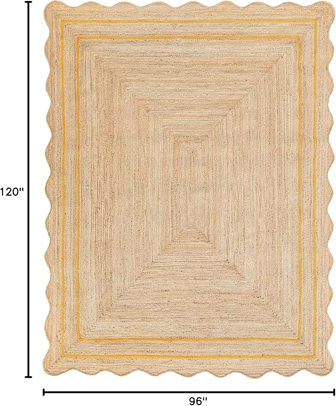 Wave Scalloped Natural Jute Rug - Boho Entryway Runner - Farmhouse Scallop, Yellow (8'x10')