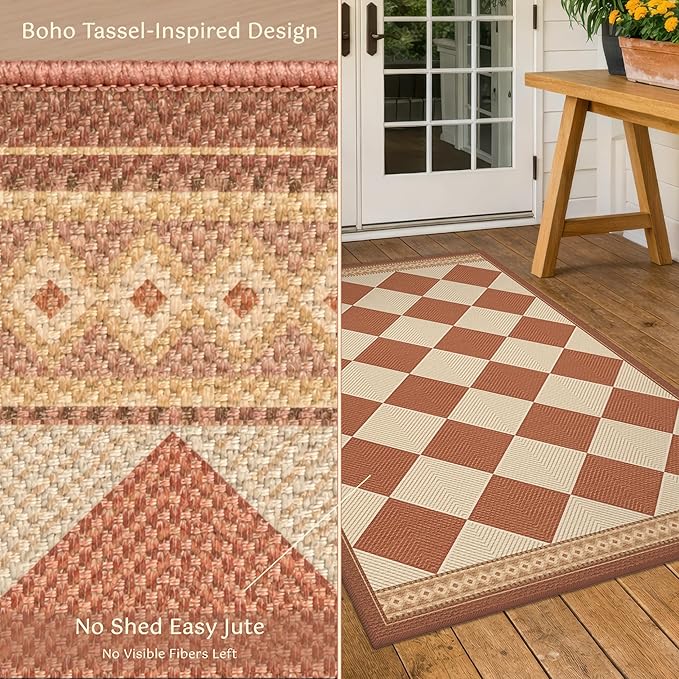 Terracotta Beige Diamond Checkered 3x5 Entryway Rug, Boho Easy Jute Indoor Outdoor Rug, Modern Farmhouse Washable Non Slip Porch Patio Rug for Kitchen, Balcony, Bedroom, Laundry Room, Mudroom