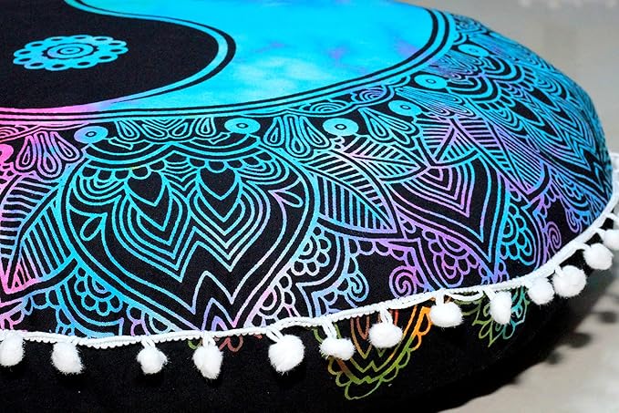 Round Mandala Floor Pillow Cover Seating Cushion Throw Cover Hippie Decorative Bohemian Ottoman Pouf Cover, Pom Pom Pillow Cases,Boho Indian 22 Inches (Multi Color Yin yang)