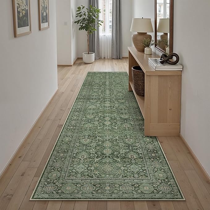 Green Runner Rug 2x8 Hallway Washable Carpet Soft Vintage Indoor Kitchen Non Slip Bedroom Traditional Retro Distressed Throw Long Rug Bathroom Laundry Entryway Office Dining Room