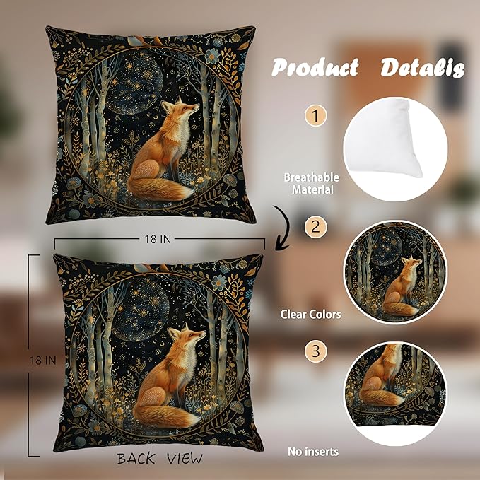 Vintage Dark William Morris Fox Floral Print Pillow Covers 18x18,Cottagecore Fox Decor,Dark Dcademia Animal Floral Decorative Throw Pillow Covers for Home Bedroom Living Room
