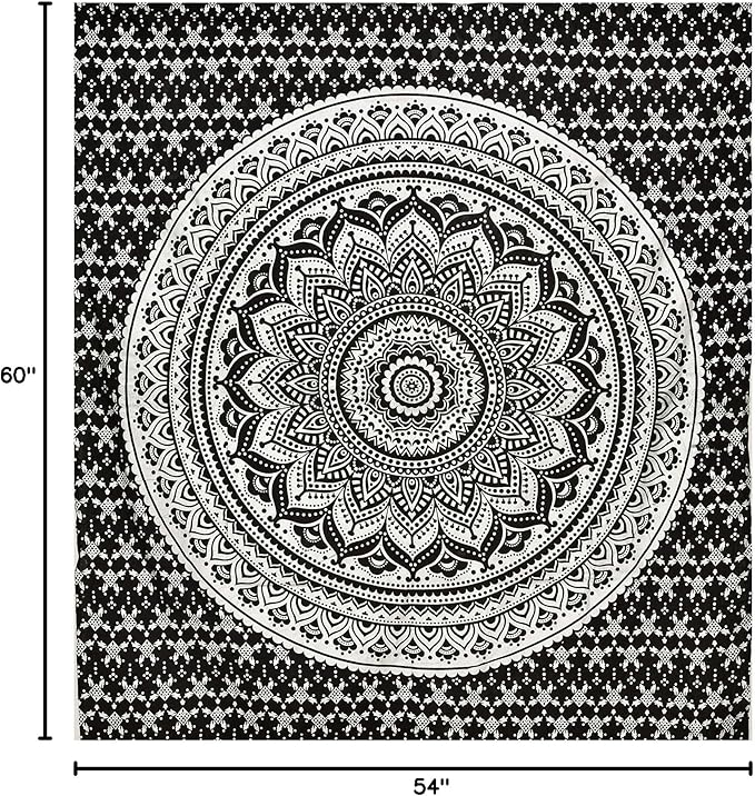 ANJANIYA Ombre Wall Hanging Bohemian Tapestry, Metallic Wall Art Bedspread, Psychedelic Hippie Mandala Dorm Décor for Hanging, Bedding, Beach Coverlet Curtain, Black Silver, 54"X60"