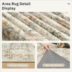 10x14 Area Rugs for Living Room, Non Slip Machine Washable Vintage Rugs, Low Pile Lightweight Large Rug for Bedroom, Dining Room, Home Office Brown Pink