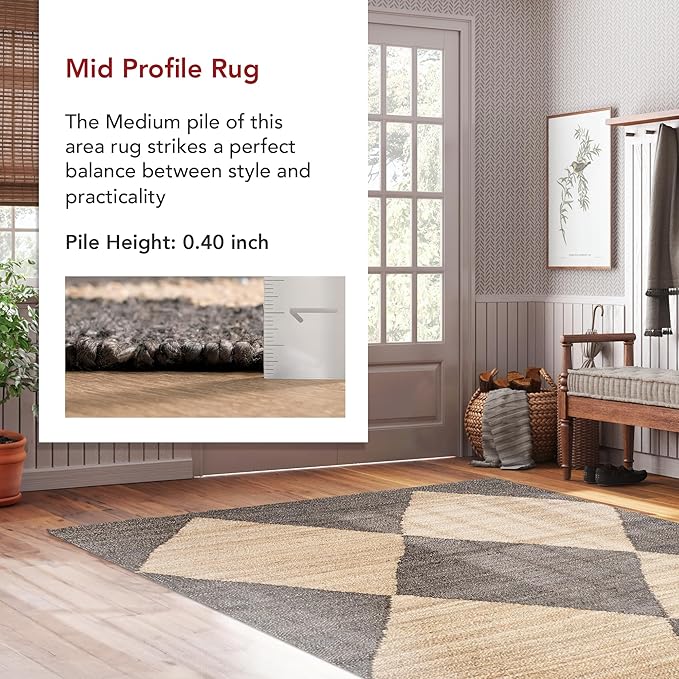 nuLOOM Pandora Diamond Jute Area Rug - 6' x 8', 8' 10' Geometric Jute & Cotton Square Medium Pile Indoor Bohemian Handcrafted Living Room Dining Room Bedroom Kitchen Hallway High Traffic Area Rug