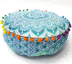 CRAFT KALA Green Ombre Large Hippie Mandala Meditation Floor Ottoman Pillow Cushion Pouf Cover Square Poufs Bohemian Circle Floor Cushion Case Outdoor Fireplace Yoga Living Room Decor Cover 24" Round