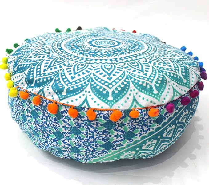CRAFT KALA Green Ombre Large Hippie Mandala Meditation Floor Ottoman Pillow Cushion Pouf Cover Square Poufs Bohemian Circle Floor Cushion Case Outdoor Fireplace Yoga Living Room Decor Cover 18" Round