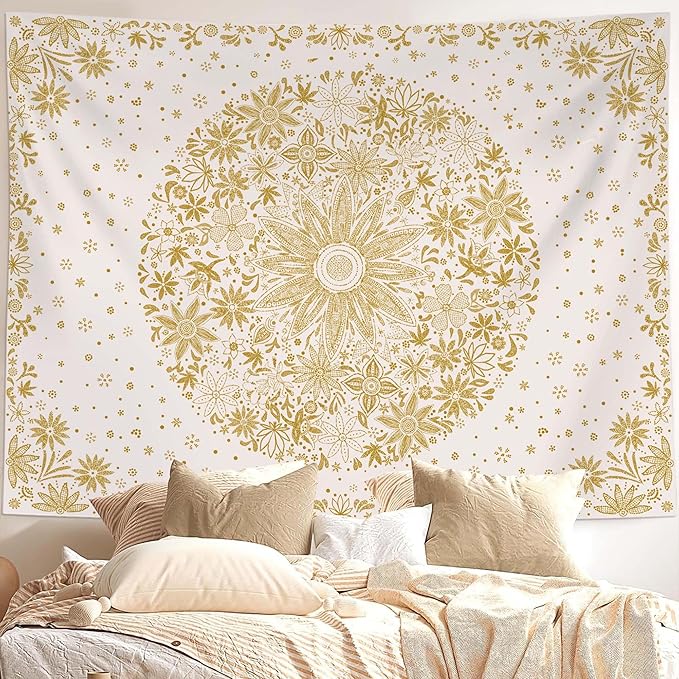 Neasow Bohemian Tapestry Wall Hanging, Yellow Floral Tapestry with Dotted Daisy Medallion Print Bedroom Boho Hippie Home Decor, 60x80 inches
