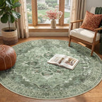 Area Rugs 4ft Washable Non-Slip, Floral Vintage Distress Print Pattern Medallion Carpet for Living Room Bedroom Dining Room, Dark Green Gray