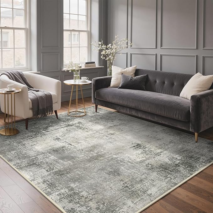 GENIMO 8x10 Area Rugs for Living Room, Machine Washable Non Slip Rugs, Low Pile Lightweight Modern Abstract Print Rug for Bedroom, Dining Room, Home Office, Distressed Grey