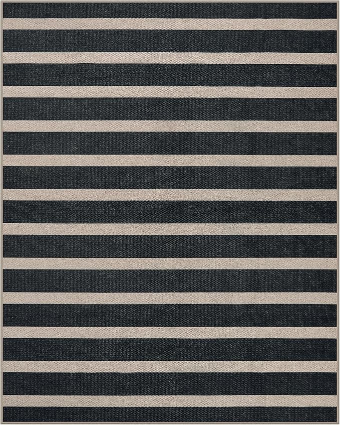 Lahome Elance Striped Easy Jute Outdoor Rug 8x10, Washable Living Room Patio Rug Black Indoor Outdoor Carpet, Farmhouse Geometric Non Slip Non Shedding Carpet for Office Backyard Dining Room
