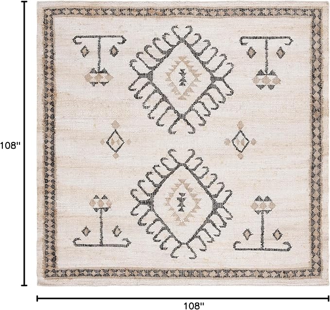 SAFAVIEH Kilim Collection Area Rug - 9' Square, Ivory & Black, Handmade Flatweave Boho Tribal Jute, Ideal for Living Room, Bedroom, Dining Room (KLM762A-9SQ)