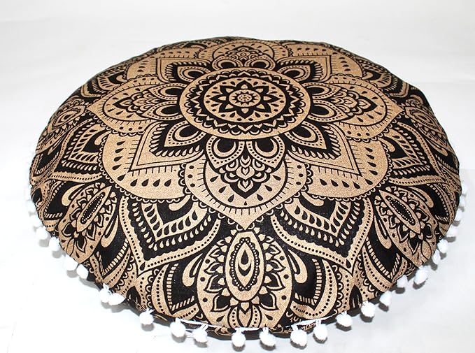 CRAFT KALA Large Round Bohemian Floor Pillow Pouf Cover Mandala Meditation Room Pillow Cover for Adults Boho Seating Poufs Cushion Cover for Kids Playroom Metallic Gold Flower 32"