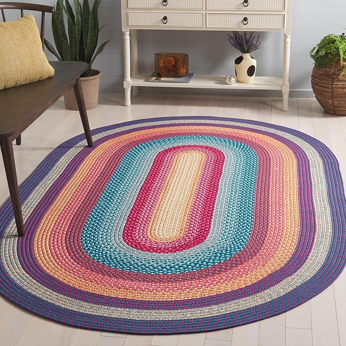 SAFAVIEH Washable Rug Outdoor Braided Collection - 6' x 9' Oval, Red & Orange, Handmade & Reversible, Non-Shedding & Easy to Clean, Ideal for Patio, Backyard, Mudroom (BRD308Q)