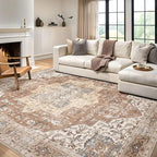Washable Rug 12x15 Area Rugs: Boho Vintage Distressed Oriental Medallion Neutral Thin Large Rug Carpet for Living Room Bedroom Dining Room Home Office Decor - Brick Red