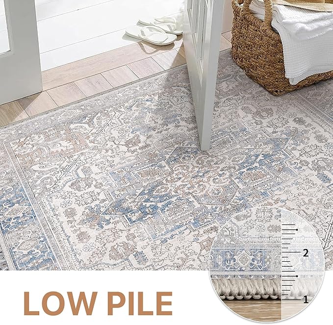 GENIMO 6x9 Area Rugs for Living Room, Machine Washable Rug, Non Slip Indoor Vintage Rug, Low Pile Lightweight Chenille Print Carpet for Bedroom Dining Room Home Office, Khaki Blue