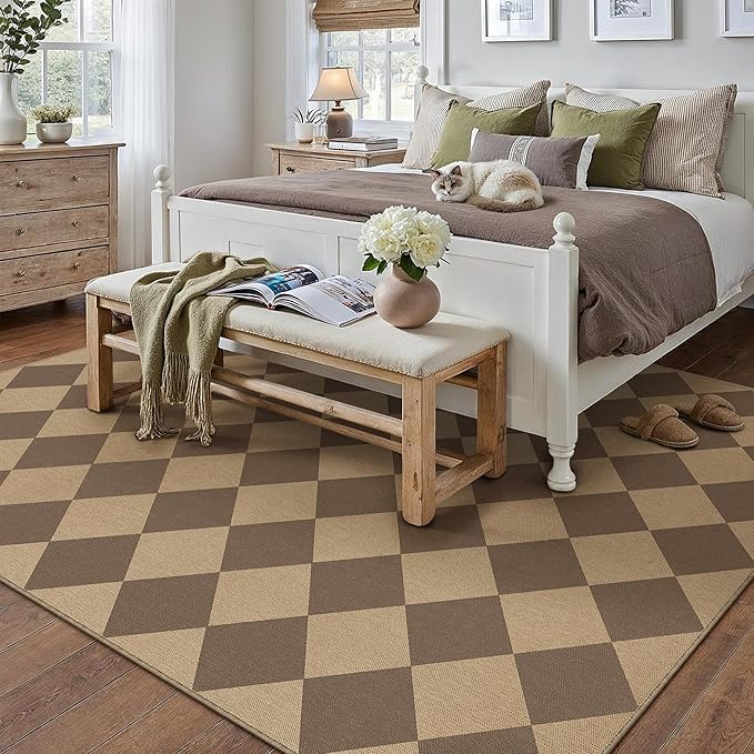8x10 Checkered Easy Jute Area Rug for Living Room Large Checkerboard Washable Indoor Outdoor Carpet Farmhouse Patio Office Mat Geometric Non Slip Brown Carpet for Backyard Dining Room