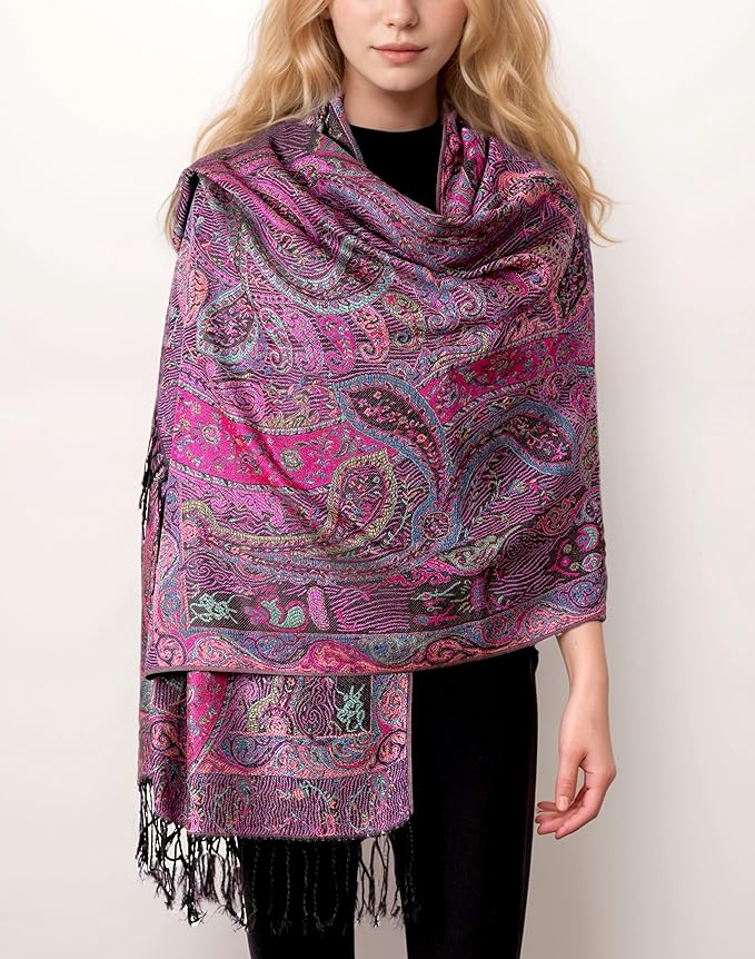 Achillea Reversible Paisley Pashmina Rave Scarf – Exotic Indian Shawls and Wraps for Evening Dresses, Festivals, All Seasons