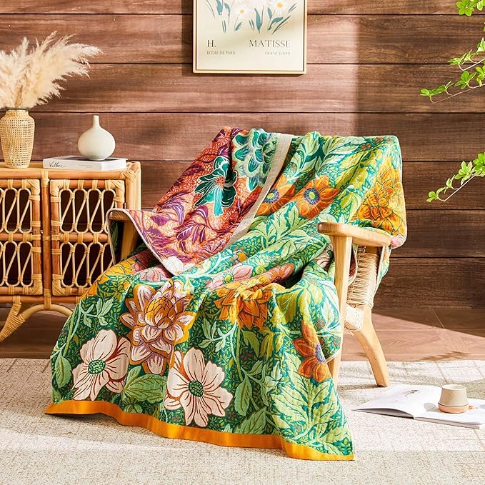 Boho Blanket Soft Muslin Boho Throw Blanket 100% Cotton Blanket All Seasons Reversible Rustic Floral Printed Vintage Rustic Farmhouse Decor Throw for Sofa Couch Chair (Green, 50"x60")
