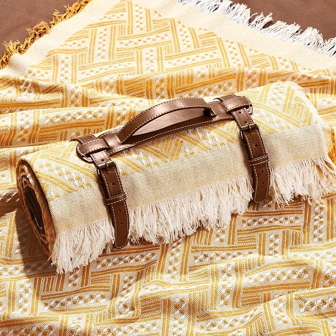 VitalCozy Waterproof Picnic Blankets 71×71 inch Outdoor Blanket Foldable 2 in 1 Double Layer Sandproof Beach Mat with Carry Strap for Camping Lawn Park Beach Grass(Yellow)