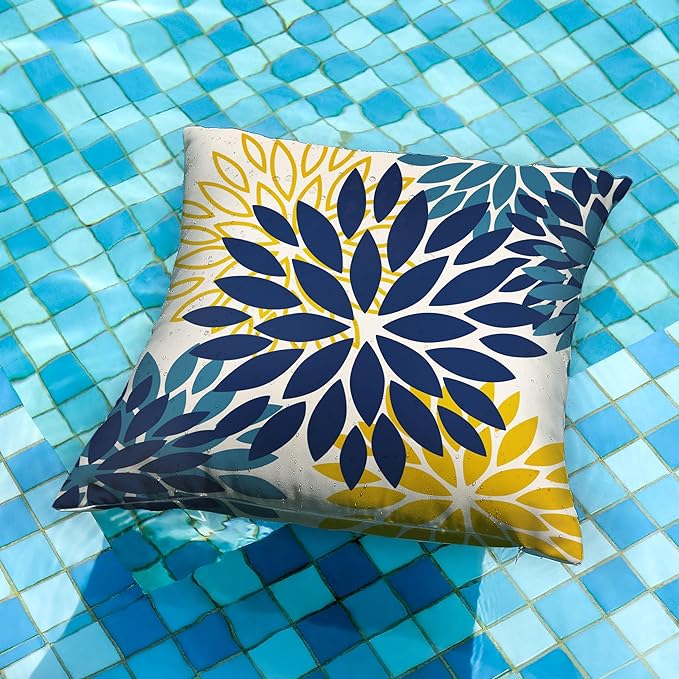DFXSZ Blue Yellow Flower Pillow Covers 22x22 Inch Set of 2 Outdoor Throw Pillows Outdoor Waterproof Decor for Living Room Sofa Patio Funiture Garden Floral Polyester Pillow Covers 012D22