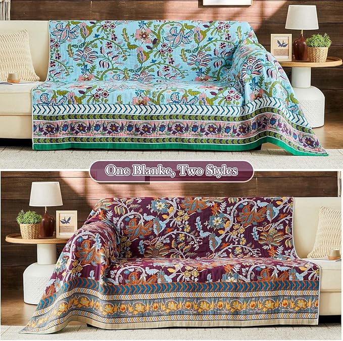 Boho Throw Blanket 100% Cotton Muslin Woven Blanket Bohemian Bed Throws Vintage Rustic Farmhouse Decor Reversible Bed Blanket Quilt for All Seasons（Blue 90"x98"）